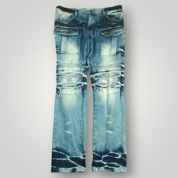 Smoke Rise Jeans Mens 38x34 Slim Straight Cargo Moto Ripped Acid Wash Distressed - Picture 1 of 9